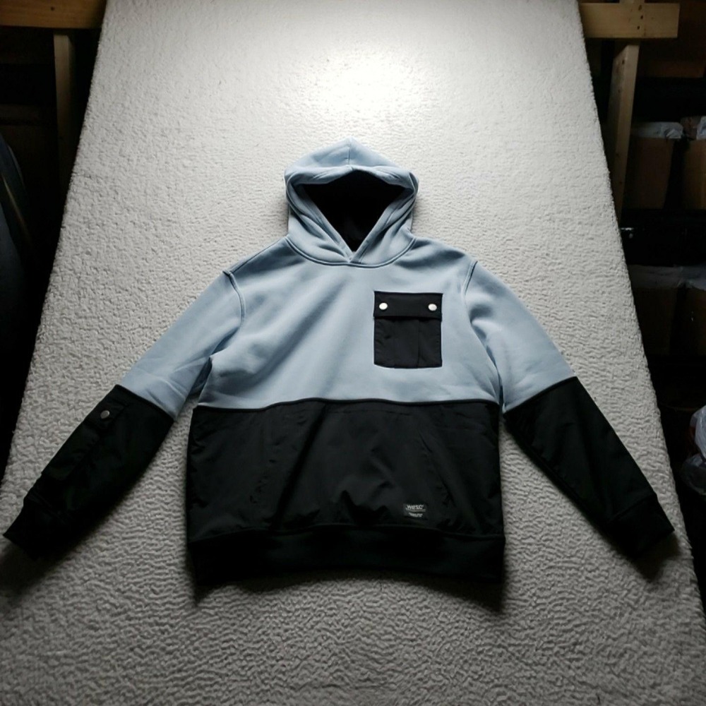 WeSC Hoodie Mens Large Blue Black Utility Colorblock Fleece Pocket Pullover
